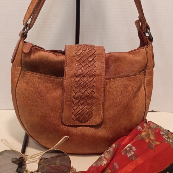 VILENCA HOLLAND x Anthropolgie Half Moon Tan Leather Crossbody Bag Woven Detail - Picture 1 of 15